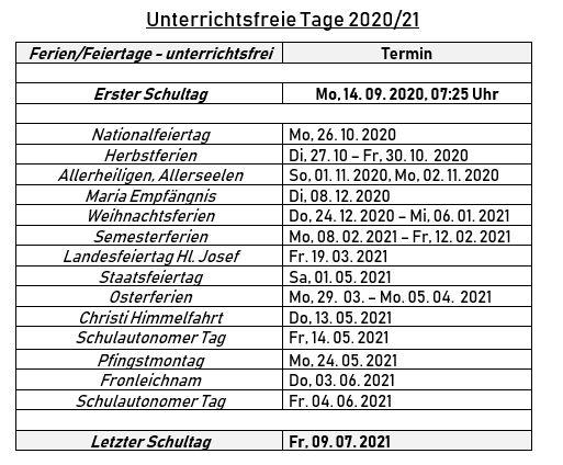 Unterrichtsfsreie Tage 20/21